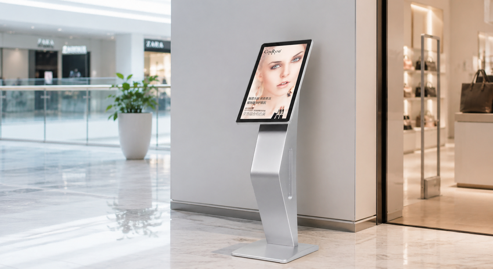 The VETO touch screen display kiosk features an all-in-one floor-standing design that resembles a la