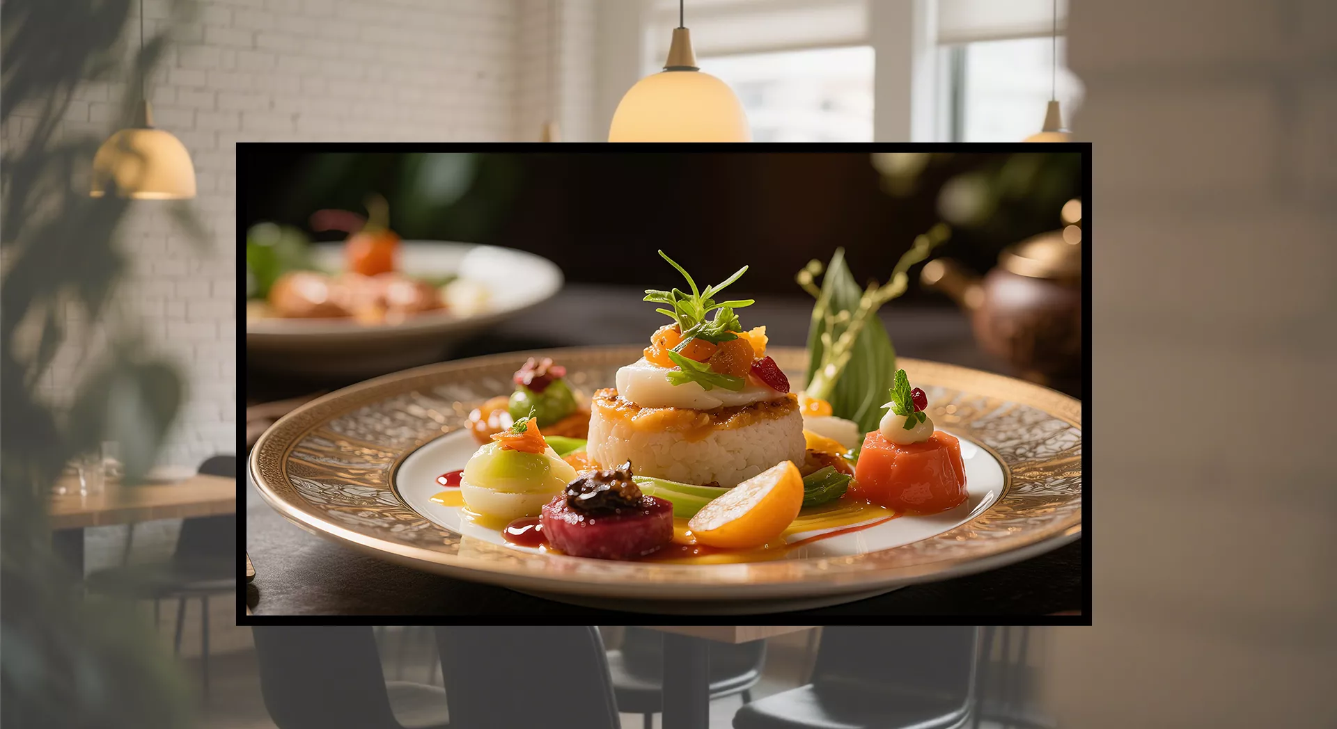 Restaurant digital signage ultra-high-definition visuals, engaging customers with detailed imagery and dynamic visual effects, providing a unique dining experience.
